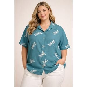 Lomaiest Womens 2X Teal Dragonfly Print Short Sleeve Button Up Top